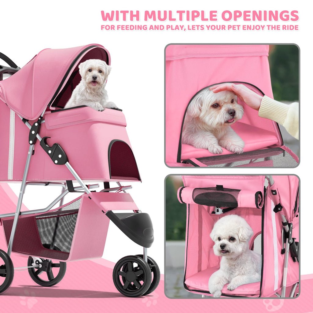 Magshion 3-Wheel Pet Stroller, Foldable Travel Jogger for Small & Medium Dogs & Cats (Up to 33lbs), Lightweight Carrier with Breathable Mesh Cover, Cup Holder & Storage Basket, Pink
