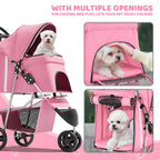 Magshion 3-Wheel Pet Stroller, Foldable Travel Jogger for Small & Medium Dogs & Cats (Up to 33lbs), Lightweight Carrier with Breathable Mesh Cover, Cup Holder & Storage Basket, Pink