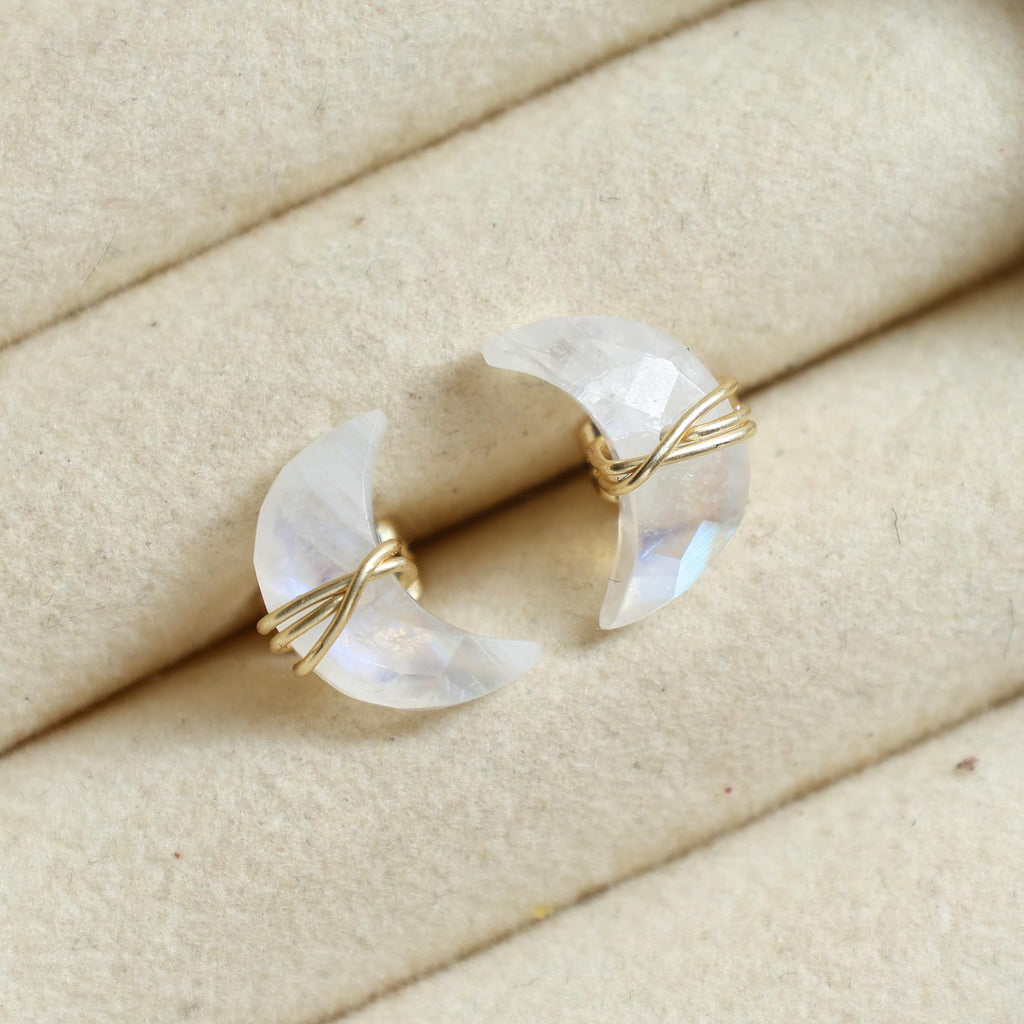 Gempires Rainbow Moonstone Half Moon Stud Earrings for Women