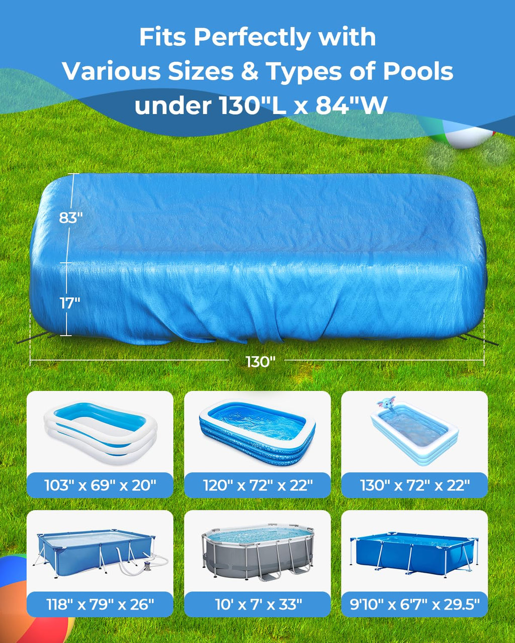 Reinmoson Inflatable Pool Cover Rectangular Fits Pool Under 145" L x 84" W, 20s Easy Set by 1 Person Built-in Elastic Edges & Integrated Drawstrings 10' x 7' Rectangle Pool Cover Above Ground