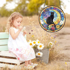 Black Cat Stained Glass Window Hanging, Cat Gifts for Women Moon and Stars Suncatcher with Metal Chain and Hooks, Sun Catcher Glass Art for Indoor Window Decor