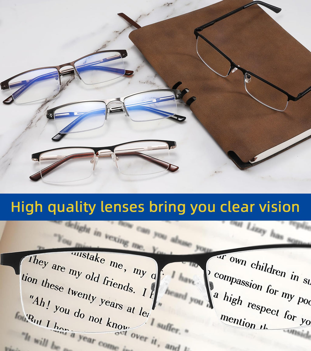 DILLY VISION 4-Pack Reading Glasses for Men,1.75 Blue Light Blocking Reading Glasses Mens Metal Readers with Spring Hinges Anti Glare/eye Strain