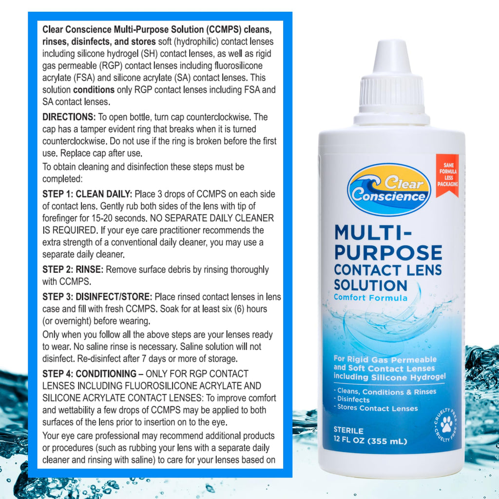 Cruelty-Free Contact Lens Solution 12oz - Multipurpose Cleaner & Sterile Isotonic Eye Contacts Care by Clear Conscience (2 Pack)