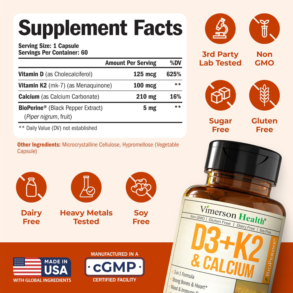 Vitamin D3 K2 Supplement – All-in-1 Support for Immune, Bone & Heart Health with Vitamin D + Vitamin K (as MK7) – K2 D3 (5000 IU) Vitamin Supplement with Black Pepper for Max Absorption, 60 Capsules