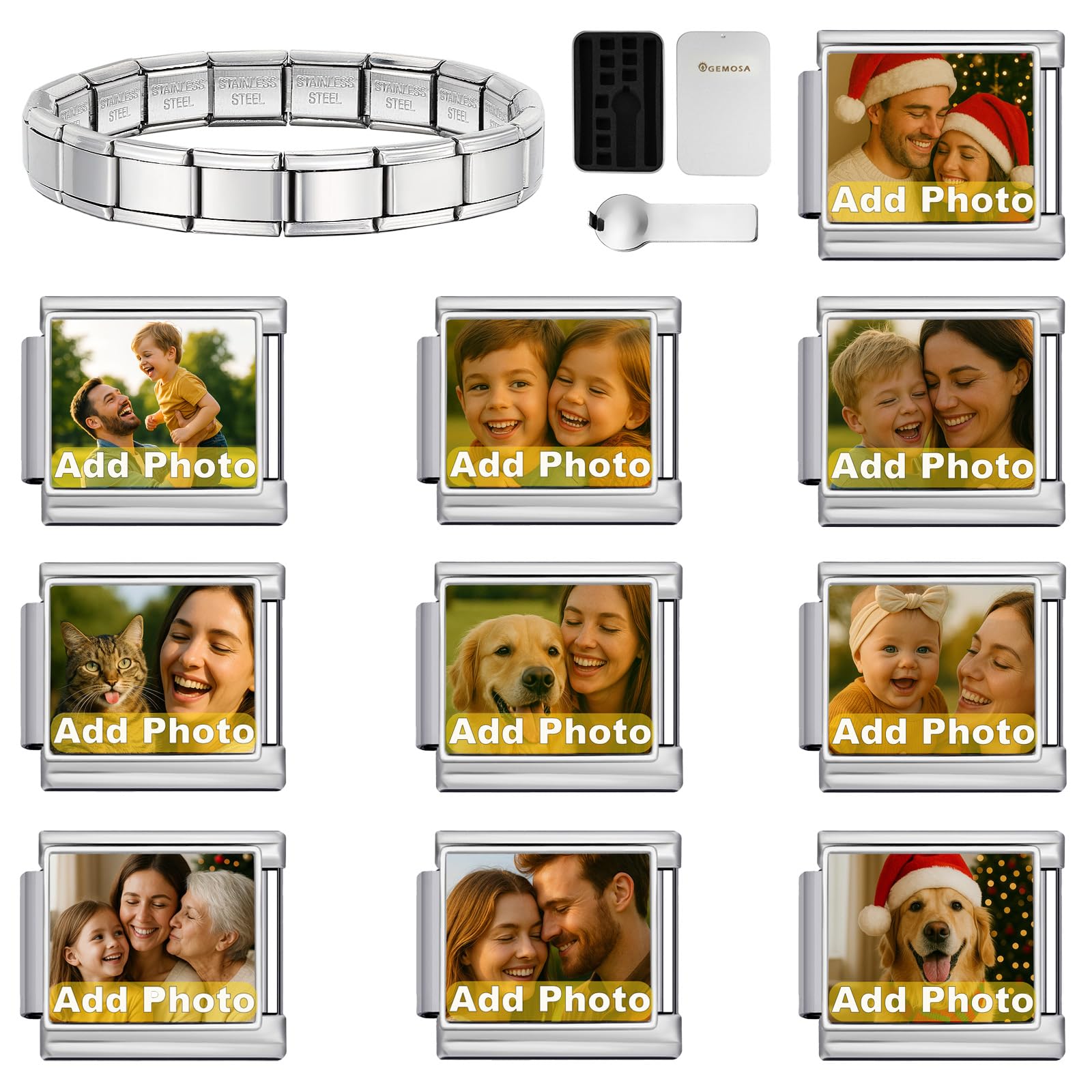 GEMOSA Silver 10PCS Custom Photo Italian Charm Bracelet Set, Stainless Steel with Gift Box & Tool – Personalized Jewelry Gift for Women