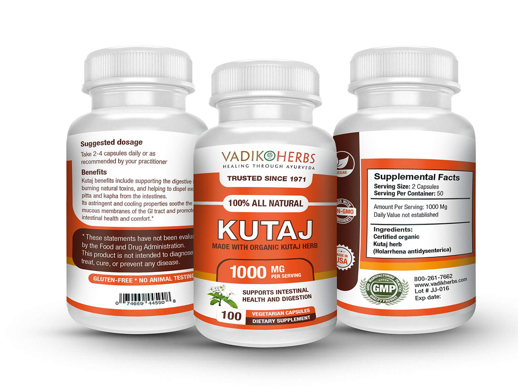 Vadik Herbs Kutaj (Holarrhena Antidysenterica, Kutaja) 100 Vegicaps Safety Tested & Wildcrafted Ships from California Premium Quality Herbal Supplement for Digestive Support