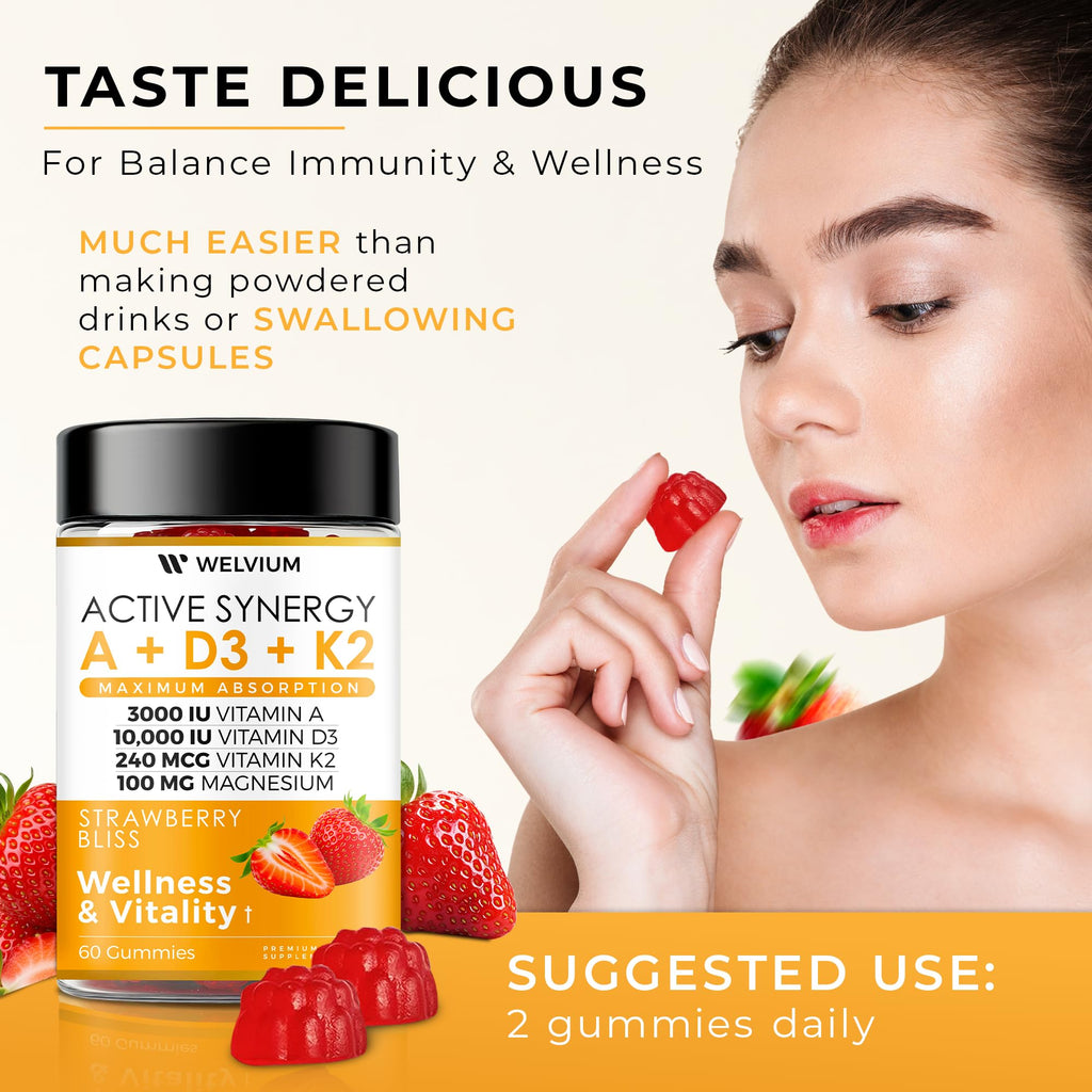 WELVIUM Vitamin D3 K2 Gummies 10000 IU with Magnesium Glycinate, Calcium, B12, K2 MK-7, Vitamins A, E, Lutein, Zeaxanthin - ADK Chewable Supplement for Bone, Eye, Immune Support - D3K2 Gummies