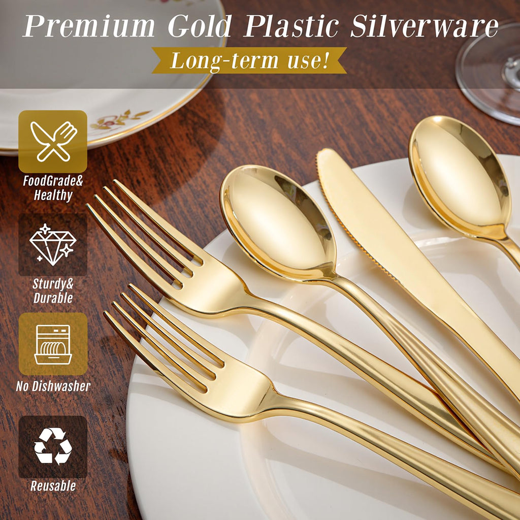 WDF 180 Count Gold Plastic Silverware Set - Heavy Duty Disposable Cutlery (60 Forks, 60 Knives, 60 Spoons) - BPA-Free Gold Flatware for Wedding/Fall Party/Baby Shower/Thanksgiving/Christmas