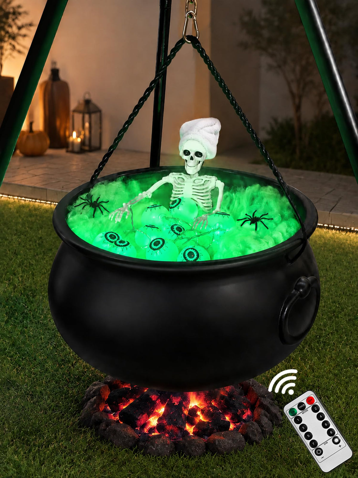 AYGXU Halloween Decorations Outdoor Indoor,Large Witches Cauldron on 52" Tripod with String Lights, Skeleton and Eyeballs,Hocus Pocus Decor,Witches Cauldron for Yard Patio Garden Lawn Decorations.