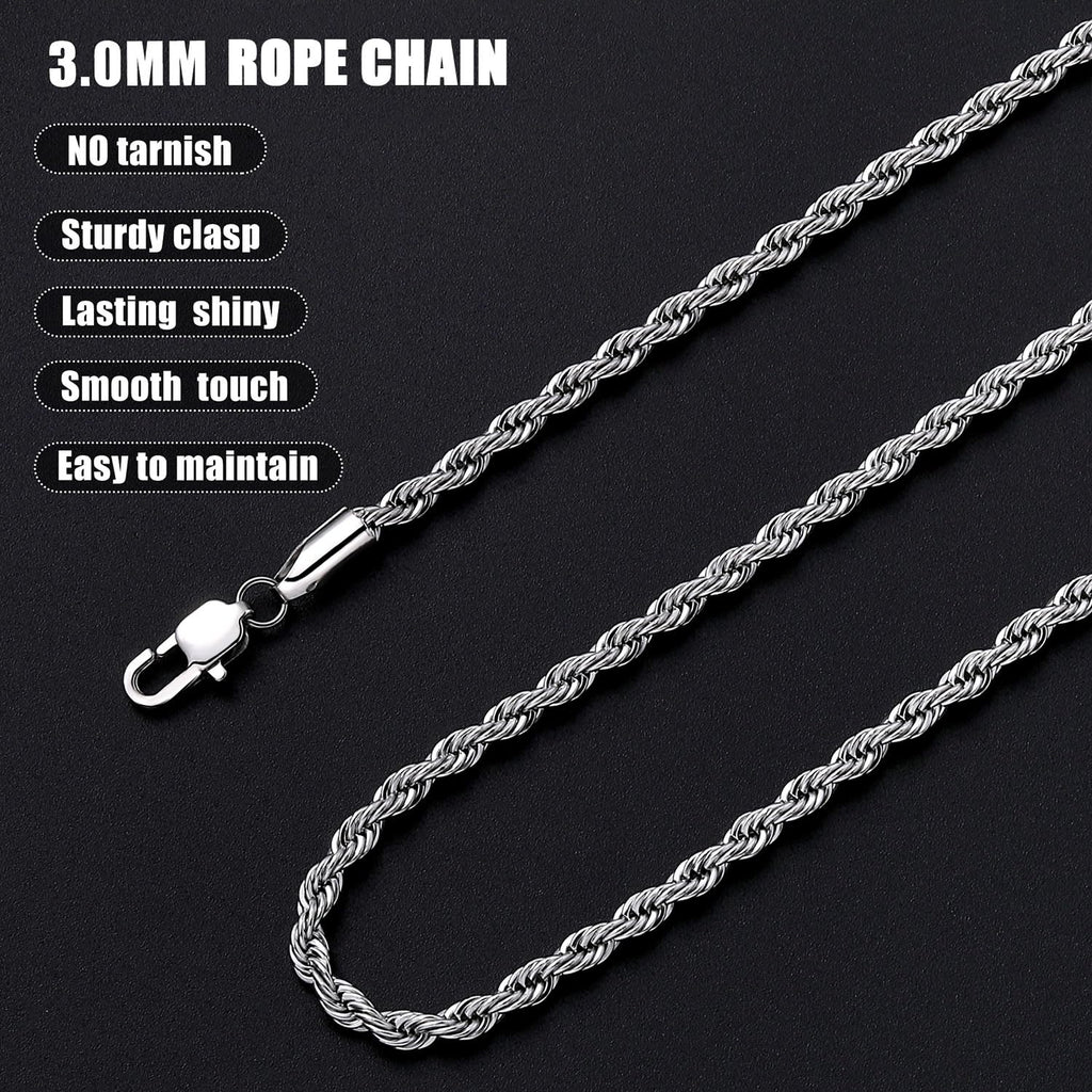 Fiusem Silver Chain Necklace for Men 3mm Stainless Steel Rope Chain 24 Inch