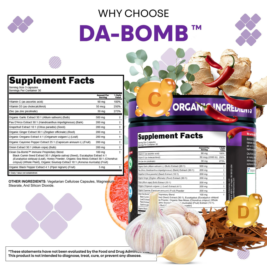 Organic Immune Support with PAU D'Arco Garlic Cayenne Pepper Oregano Ginger Grapefruit Onion Black Seed Sea Moss Black Pepper Zinc Eucalyptus Vitamin C Vitamin D Organic Soursop By Clean Nutra