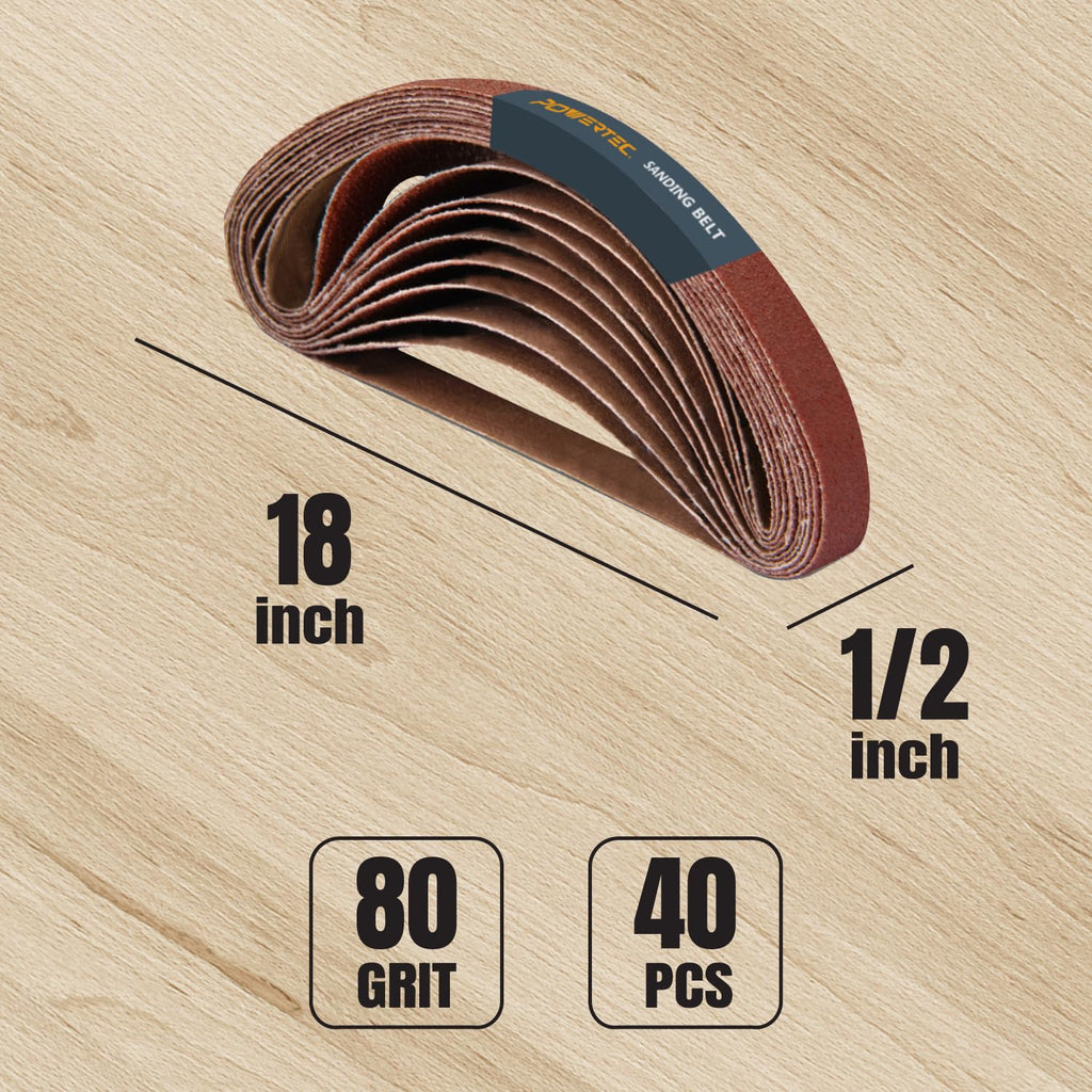 POWERTEC 1/2 x 18 Inch Sanding Belts, 40PK, 80 Grit Aluminum Oxide Belt Sander Sanding Belt for Air File Belt Sander, Woodworking, Metal Polishing (401808-P2)