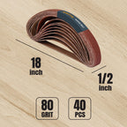 POWERTEC 1/2 x 18 Inch Sanding Belts, 40PK, 80 Grit Aluminum Oxide Belt Sander Sanding Belt for Air File Belt Sander, Woodworking, Metal Polishing (401808-P2)