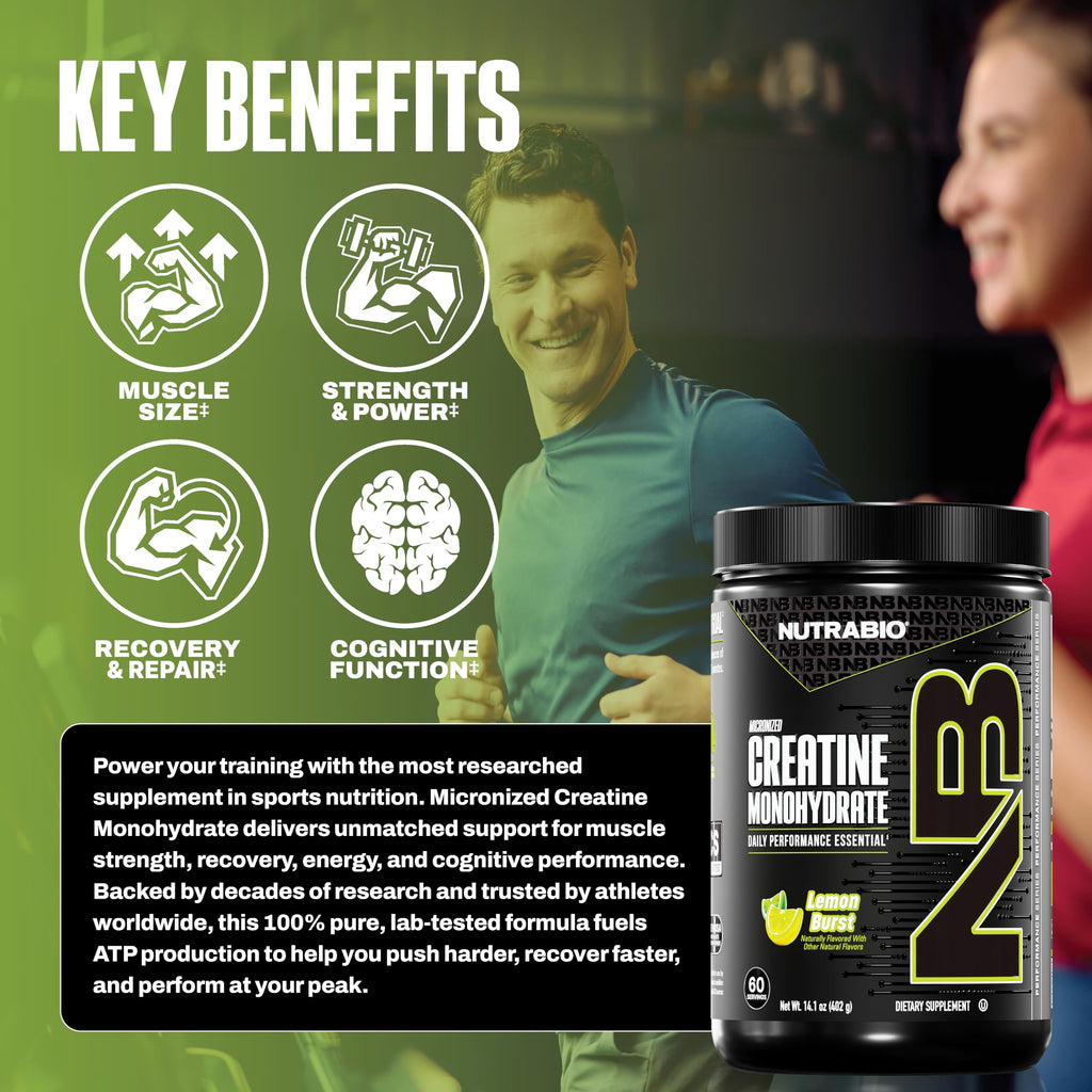 NutraBio Pure Micronized Creatine Monohydrate Powder Supplement, Lemon Burst, (300 g) - Supports Bulk Muscle Energy, Recovery, and Strength - HPLC Tested Creatine Powder Supplement for Men and Women