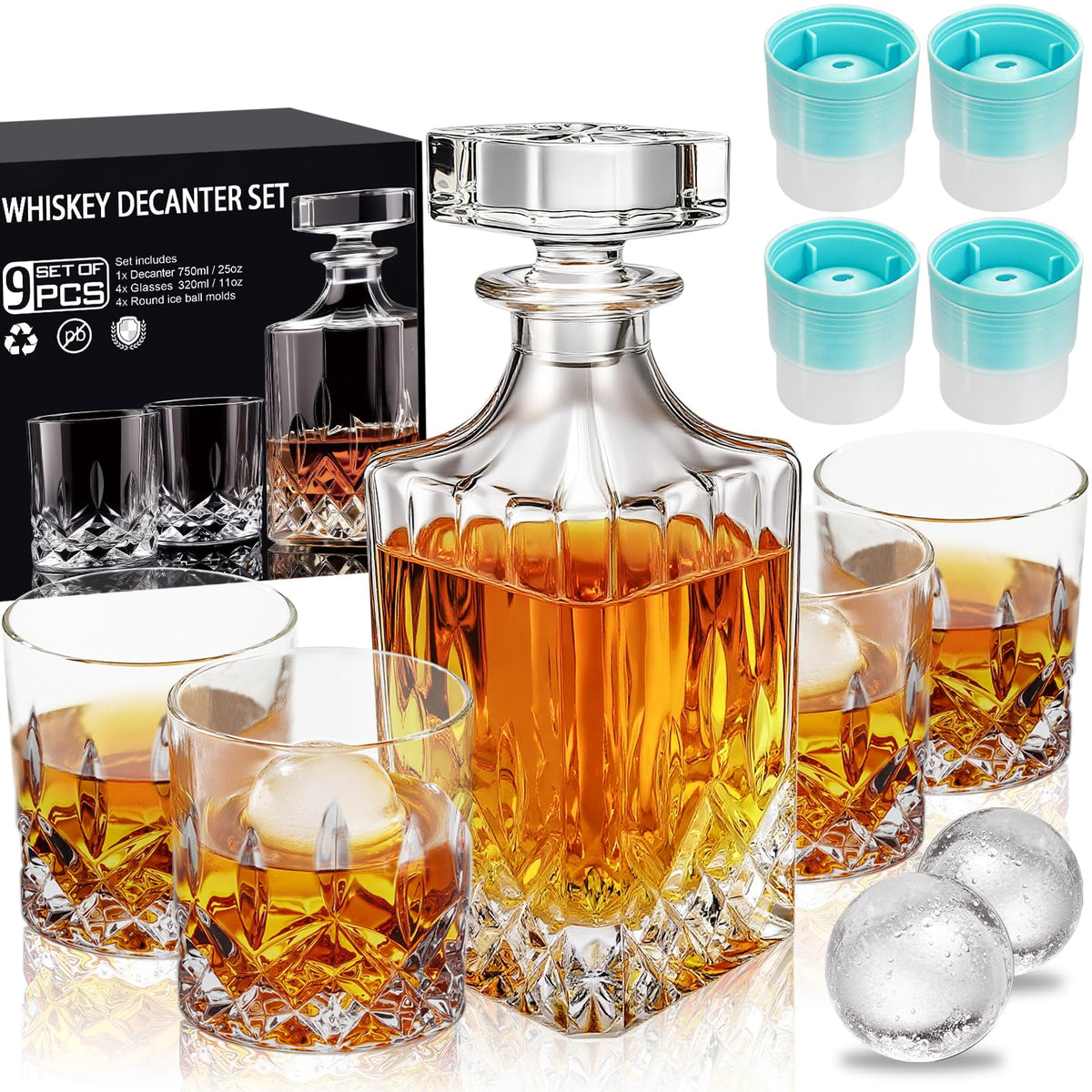 Whiskey Decanter Set for Men, 4*Crystal Whiskey Glasses(Get 4 Silicone Ice Mold Free), Lead-Free Decanter Set for Whiskey, Bourbon, Scotch, Anniversary Christmas Gifts for Dad, Husband, Whiskey Lovers