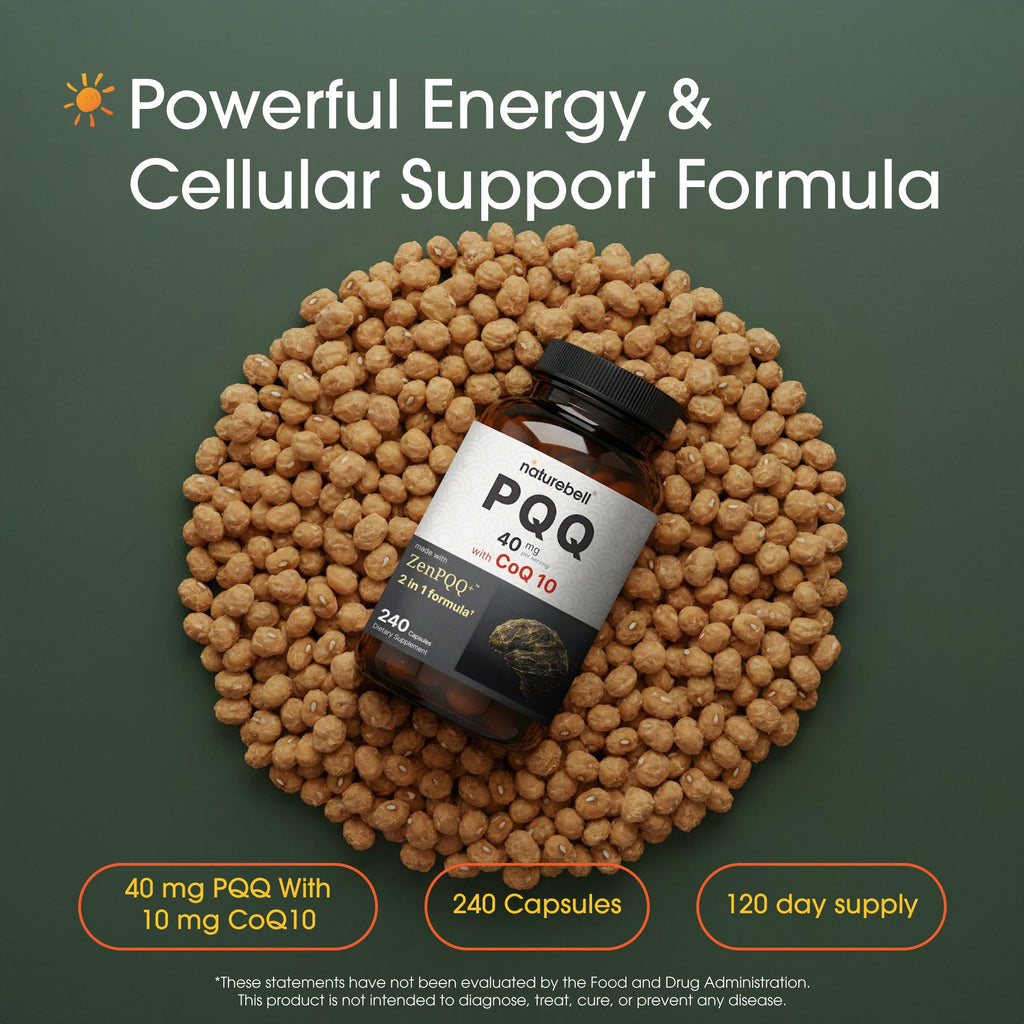 NatureBell PQQ with CoQ10-240 Capsules - 40mg Active PQQ with 10mg Coenzyme Q10 - Cellular Energy & Cognitive Function Support - Antioxidant Nutrients for Heart & Brain Health*