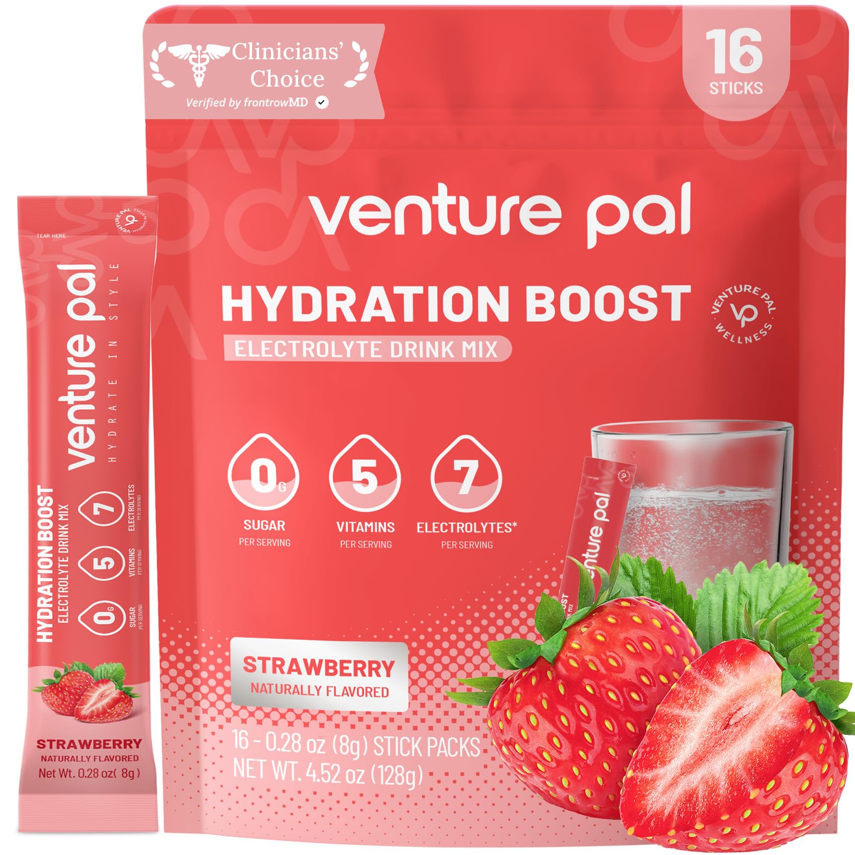 Venture Pal Sugar Free Electrolytes Powder Packets - Liquid Daily IV Hydration Packets | Instantly Hydrating & Party Recovery | 5 Vitamins & 7 Electrolytes | Certified Vegan, Keto, Non-GMO | 16 Sticks