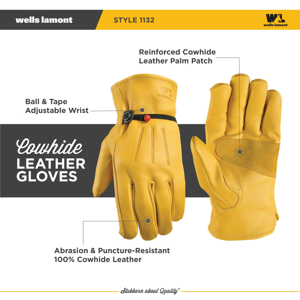 Wells Lamont Leather Work Gloves for Men – Heavy Duty, Cowhide, Abrasion & Puncture Resistant – Adjustable Wrist, Gunn Cut Design, Ideal for Ranching, Farming, Construction - Saddletan - L