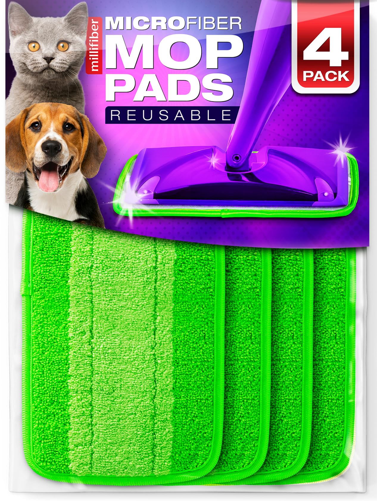 Millifiber Reusable Mop Pads Compatible with Swiffer WetJet (4 Pack) - Microfiber Mop Refill for Wet Mopping Cloths - Hardwood Floor Cleaning Spray Pads Reusable Replacements - Green