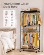 Sakugi Clothes Rack - 33.0" x 12.2" x 79.5" Clothing Rack with Shelves & Wheels, Multi-Functional Wardrobe Closet with Hooks, Sturdy Metal Garment Rack for Bedroom, Laundry, Balcony (Black)