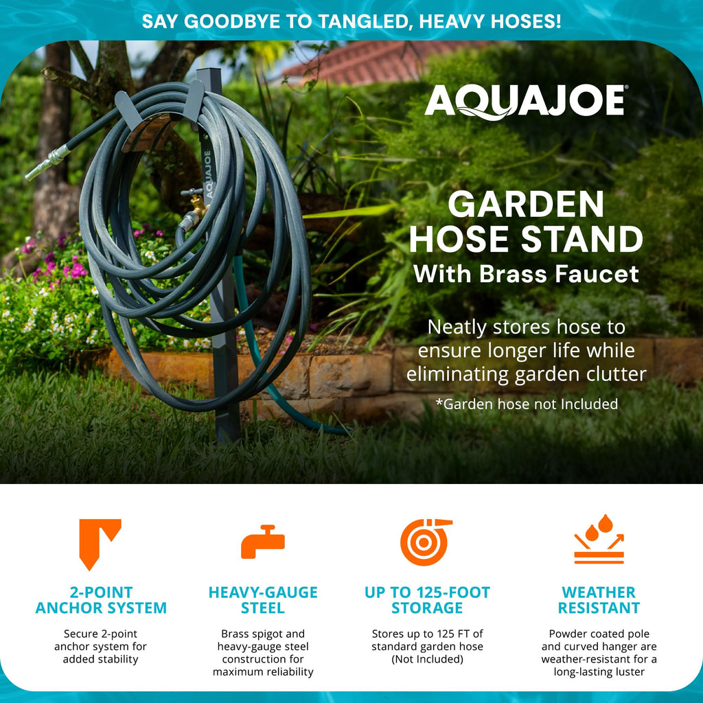 Aqua Joe Steel Garden Hose Stand with Brass Faucet and Quick-Install Anchor Base - Heavy-Duty Freestanding Holder for Outdoor Lawn, Yard & Garden Hose Storage, SJ-SHSBB-GRY
