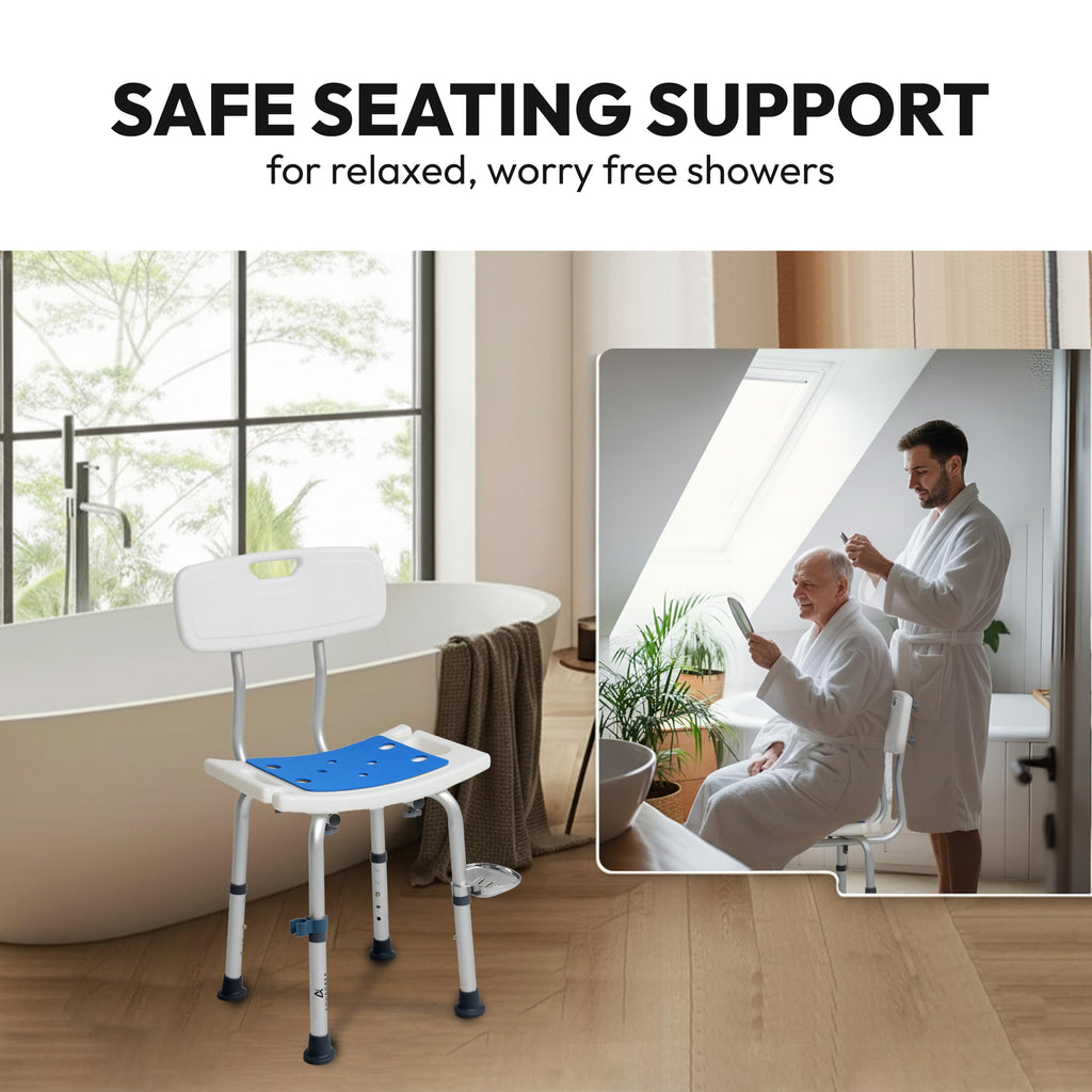 AQUADREA Shower Chair for Inside Shower With Soap box - Height Adjustable Shower Chair for Elderly and Disabled with Removeable Back & Enhanced Non-Slip Feet - Lightweight Aluminum Construction - Blue