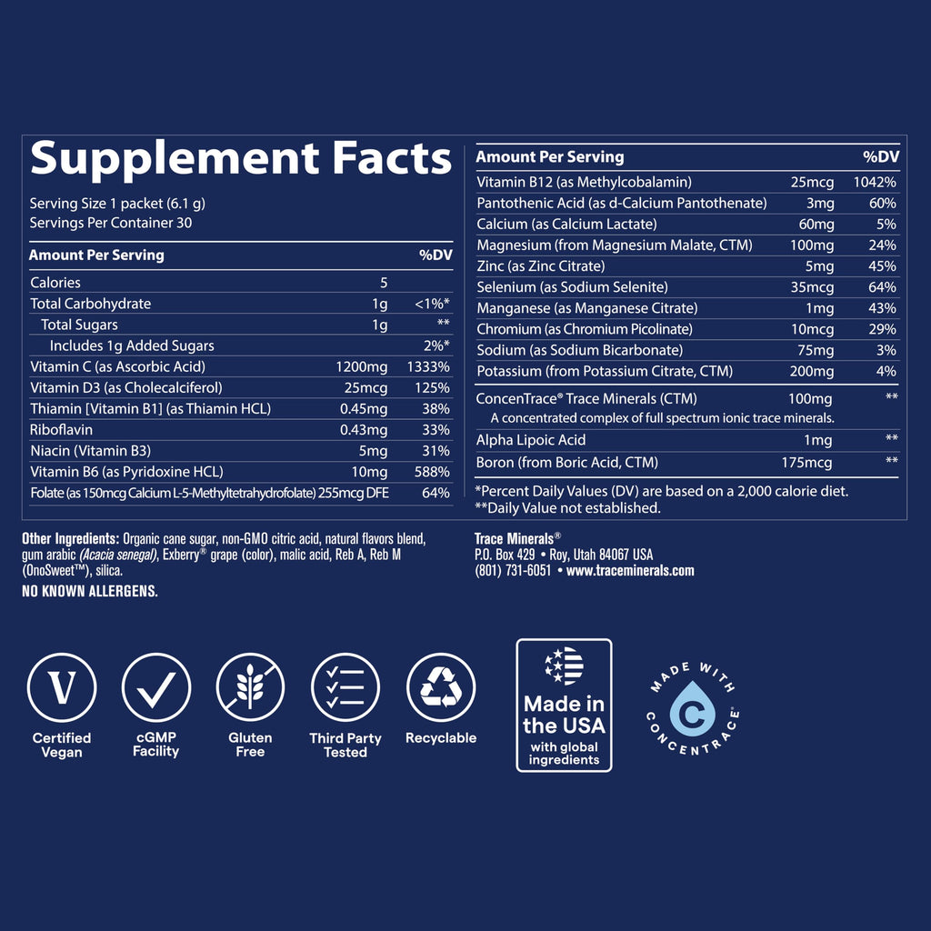 Trace Minerals | Power Pak Electrolyte Powder Packets | 1200 mg Vitamin C, Zinc, Magnesium | Boost Immunity, Hydration and Natural Energy | Mixed Berry | 30 Packets