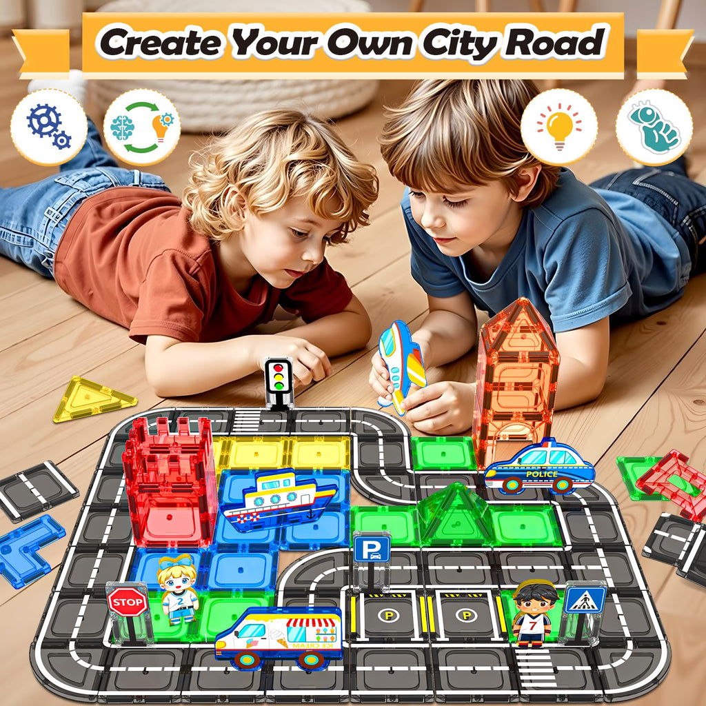 IGIVI 104 PCS Magnetic Tiles Road Set, STEM Construction Toys for Kids Ages 3-5 5-7 4-8, Magnet Building Blocks for Toddler Toys Games, Christmas Birthday Gifts for 3+ Year Old Boys Girls
