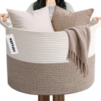 HZFTJOY Large Woven Blanket Basket,65L Cotton Rope Laundry Basket