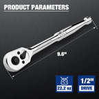 WORKPRO 1/2-Inch Drive Ratchet, Quick-Release Reversible Ratchet Wrench, 72-Tooth Handle, Chrome Alloy Made, Cr-Mo Head, Full Polished