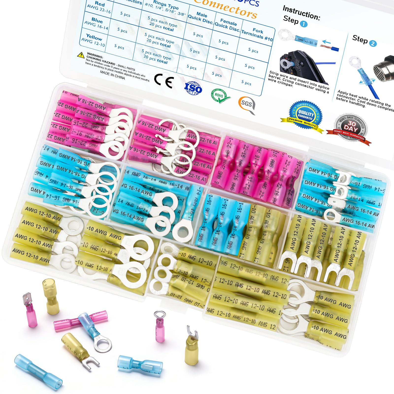 TICONN 120 Pcs Heat Shrink Wire Connectors, Marine Crimp Ring Terminal Kit