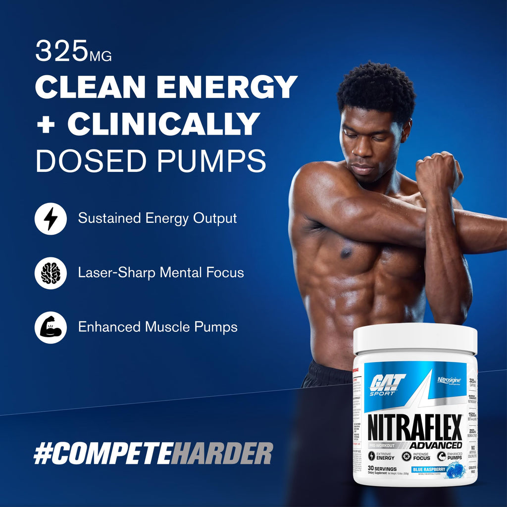 GAT SPORT Nitraflex Advanced Pre-Workout Powder - Energy Drink Mix - Supports Healthy Blood Flow - Boosts Strength & Energy - Creatine-Free - 30 Servings - Blue Raspberry