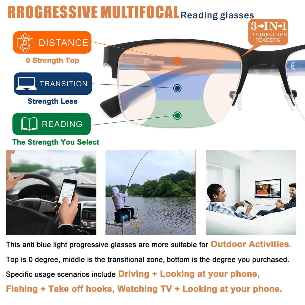 Multifocus Reading Glasses Men Progressive Multifocal Blue Light Computer Reader Half Frame Metal Extra Wide Eyeglasses No Line Bifocals Large Designer Cheaters Transition Square Eyewear 2packs 1.75