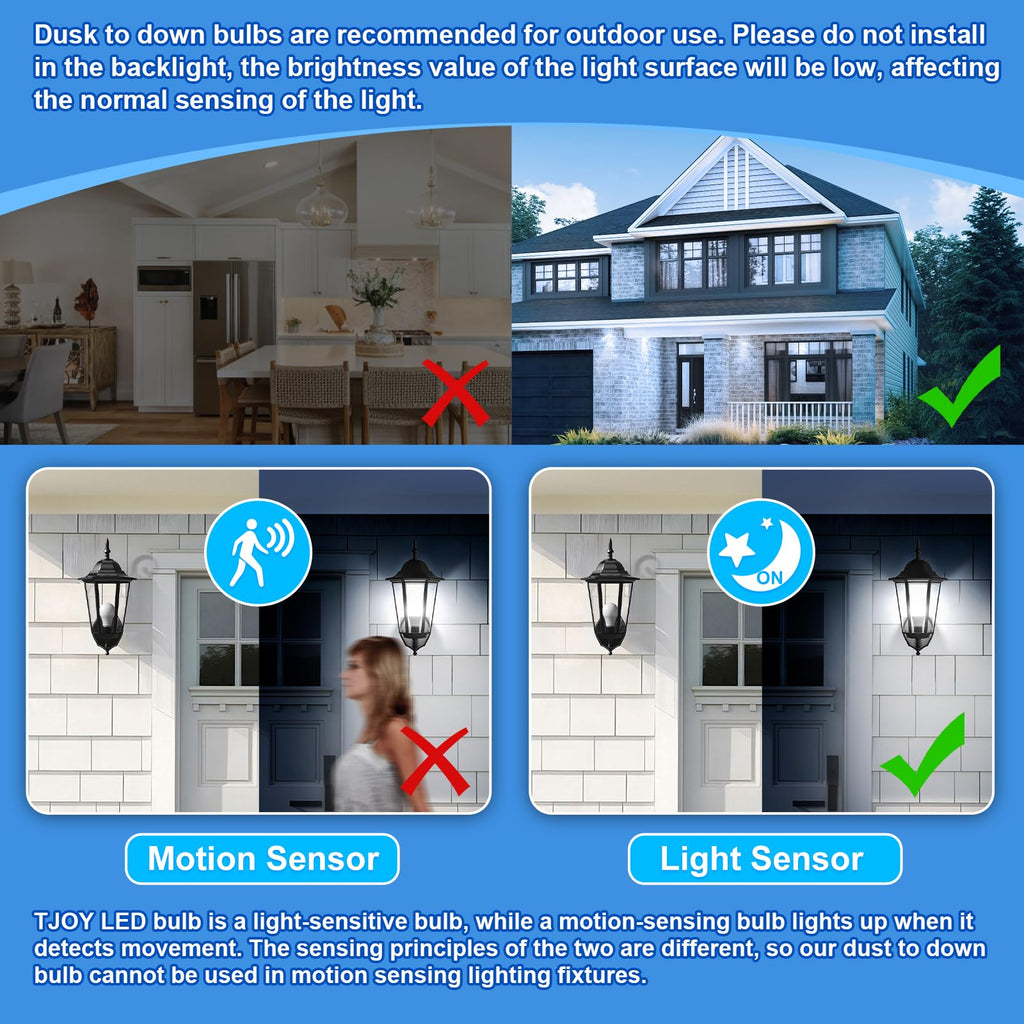 TJOY 8 Pack Dusk to Dawn Light Bulbs Outdoor, Light Sensor A19 LED Light Bulb, Automatic on/Off Photocell Bulb for Outdoor Porch Lighting, 60W Equivalent, Energy Efficient 9W, Daylight 5000K, E26 Base