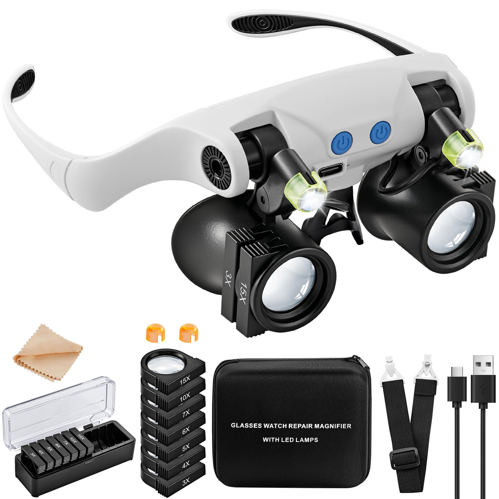 JARLINK Magnifying Glasses with LED Light, Hands Free Magnifier with 14 Interchangeable Lenses 3X 4X 5X 6X 7X 10X 15X, Magnifying Glasses for Close Work, Crafts, Jewelry, Sewing, Electronics Repair