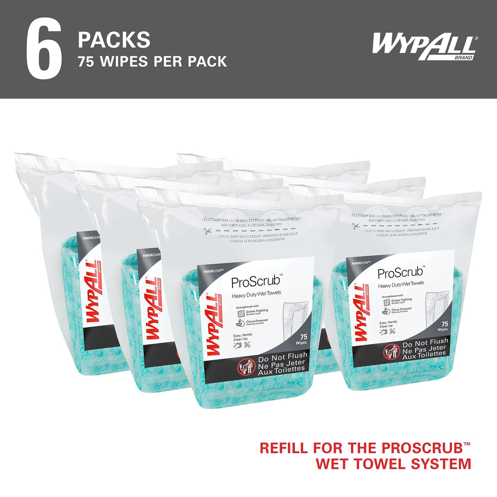 WypAll PowerClean ProScrub Heavy Duty Wet Towels, 6 x 75 Sheets (91367)