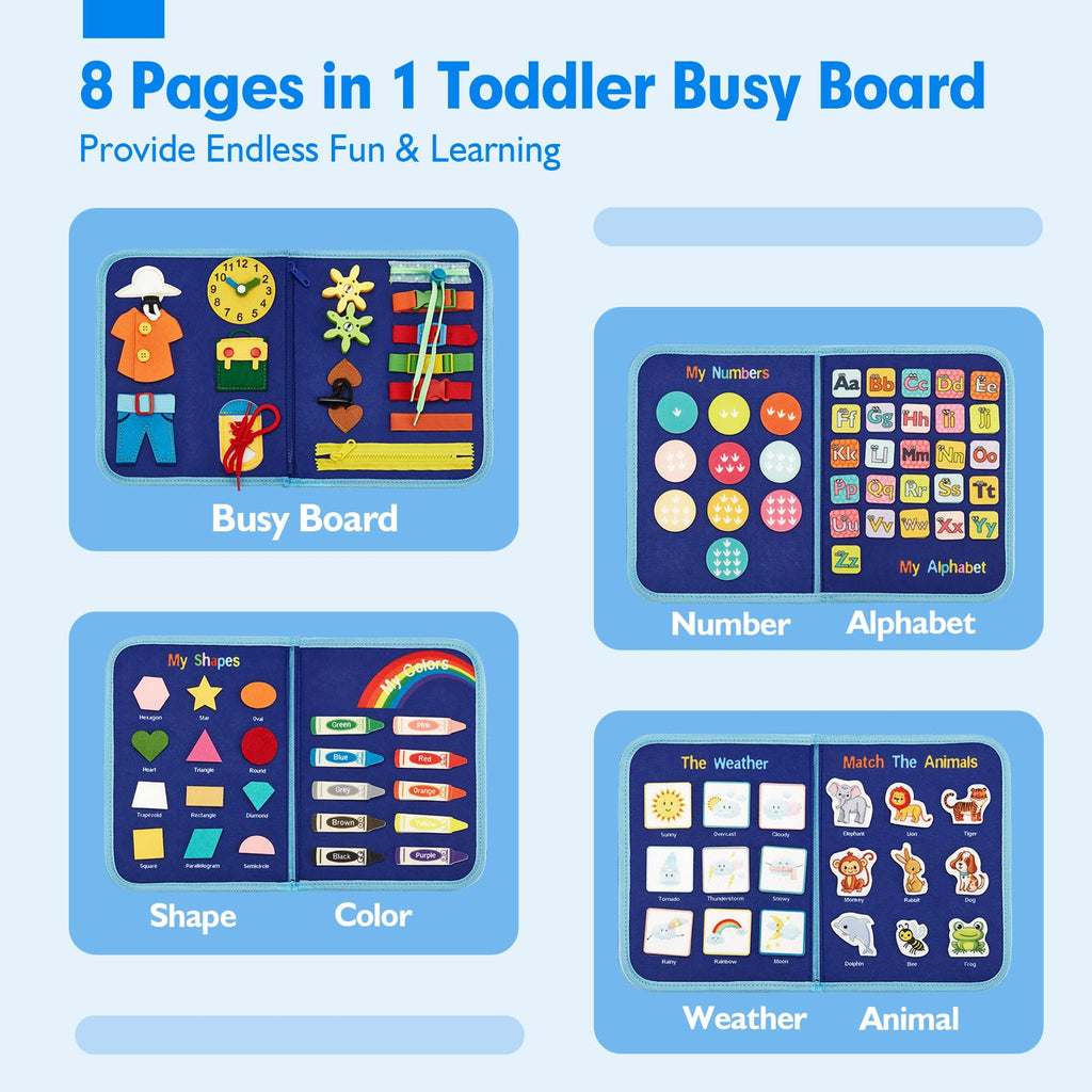 Busy Board for Toddlers -  Toys Preschool Learning Activities with Life Skills, Alphabet, Number, Shape, Color, Animal, Weather - Toddler Boy Learning Educational Toys, Travel Toys