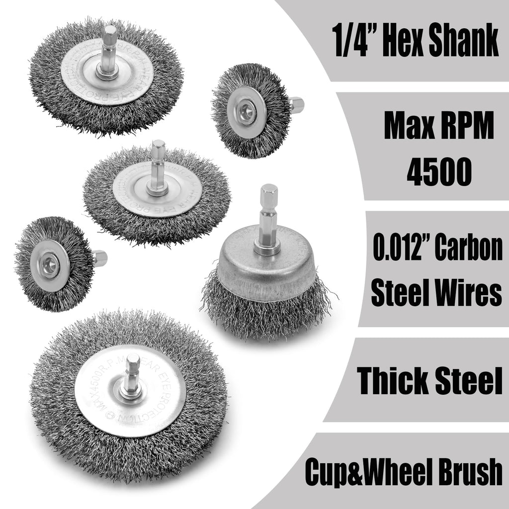 VIDICA Wire Brush Set 6 Pcs, Wire Wheel for Drill with 1/4 Inch Hex Shank, Drill Brush with 0.012 Inch Coarse Crimped Carbon Steel Wires for Removing Rust, Paint and Corrosion