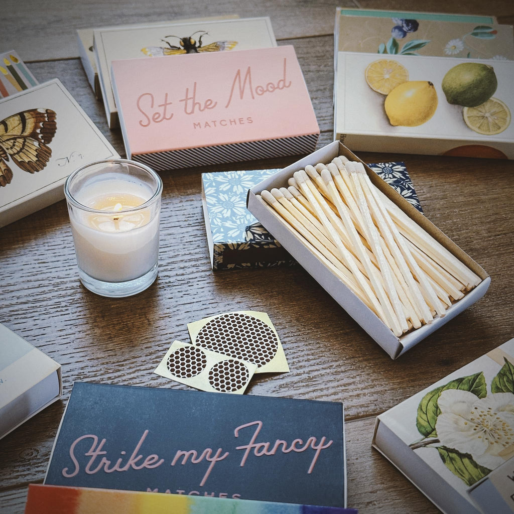 4" White Matches + 2 Boxes of HomArt Drawn Trees Designer Matchboxes + Extra Striker Stickers Included | 100 Classic White Tip Safety Matches with Decorative Matchboxes | Gifts by Thankful Greetings