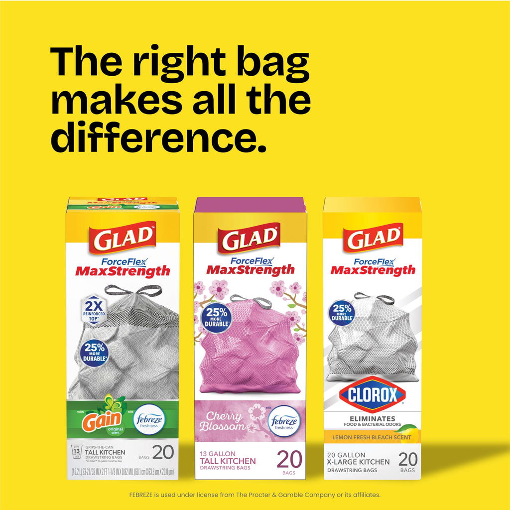 Glad ForceFlex MaxStrength with Clorox Tall Kitchen Trash Bags, 13 Gal, 34 Ct (Package May Vary)