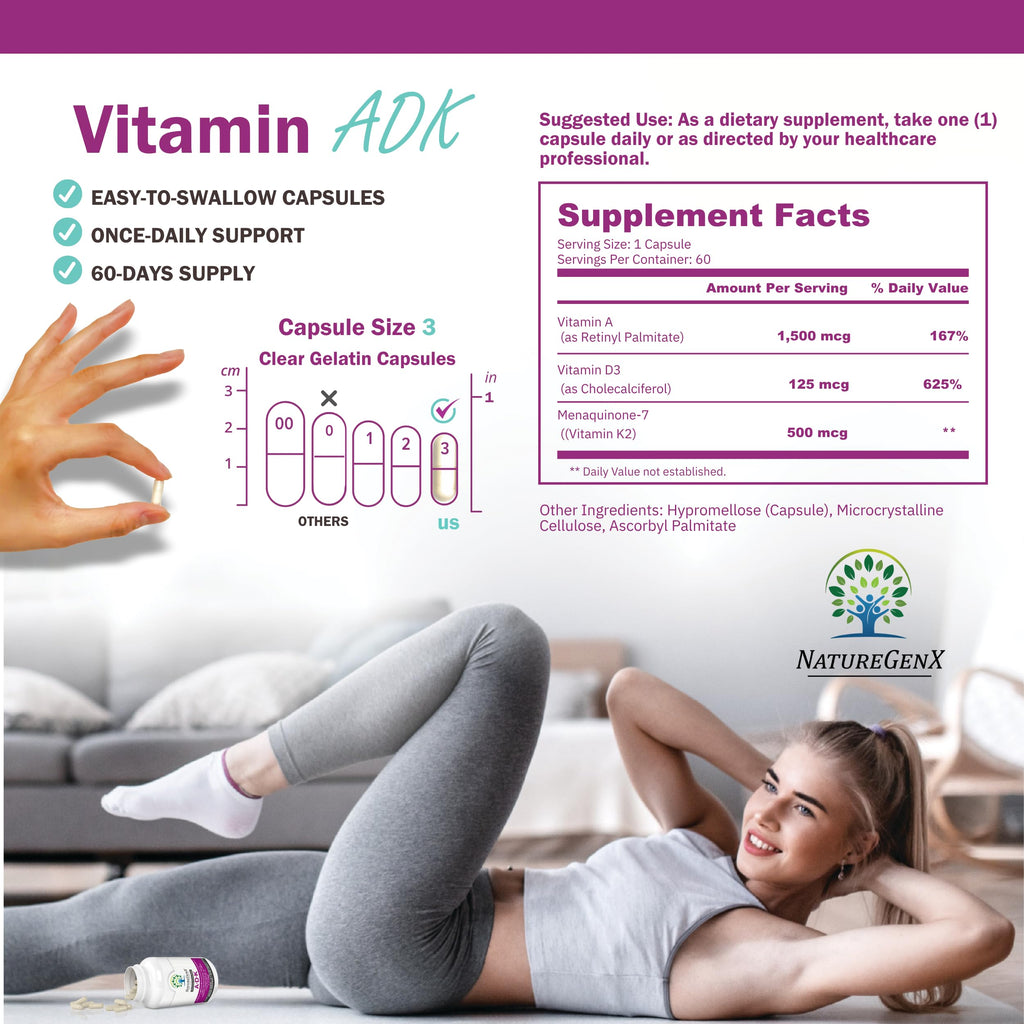 NatureGenX ADK Vitamin Supplement 5000 IU - High Potency Vitamins A, D3, and K2 for Bone Health and Calcium Absorption | Gluten-Free Vitamin ADK Supplement, 60 Day Supply, 60 Capsules