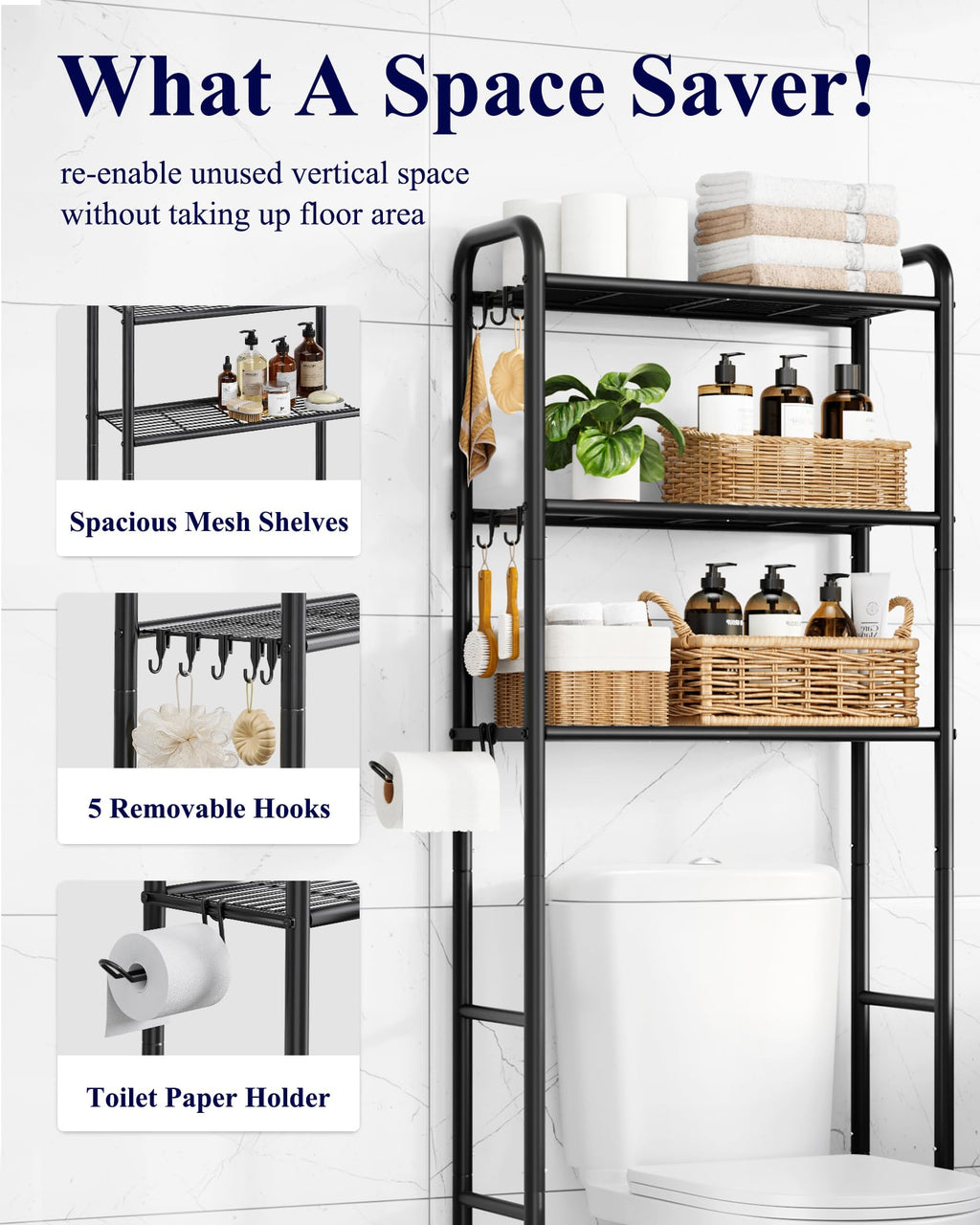Kitsure Over Toilet Storage Rack, 63.2" H Space-Saving, Holder & Hooks