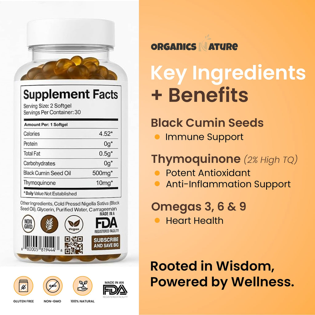 ORGANICS NATURE Black Seed Oil Cold Pressed 60 Softgel Capsules - Immunity Support, Black Cumin Seed Oil, High Thymoquinone, Non-GMO & Vegan, Nigella Sativa, Omega 3 6 9, 1000MG Per Serving