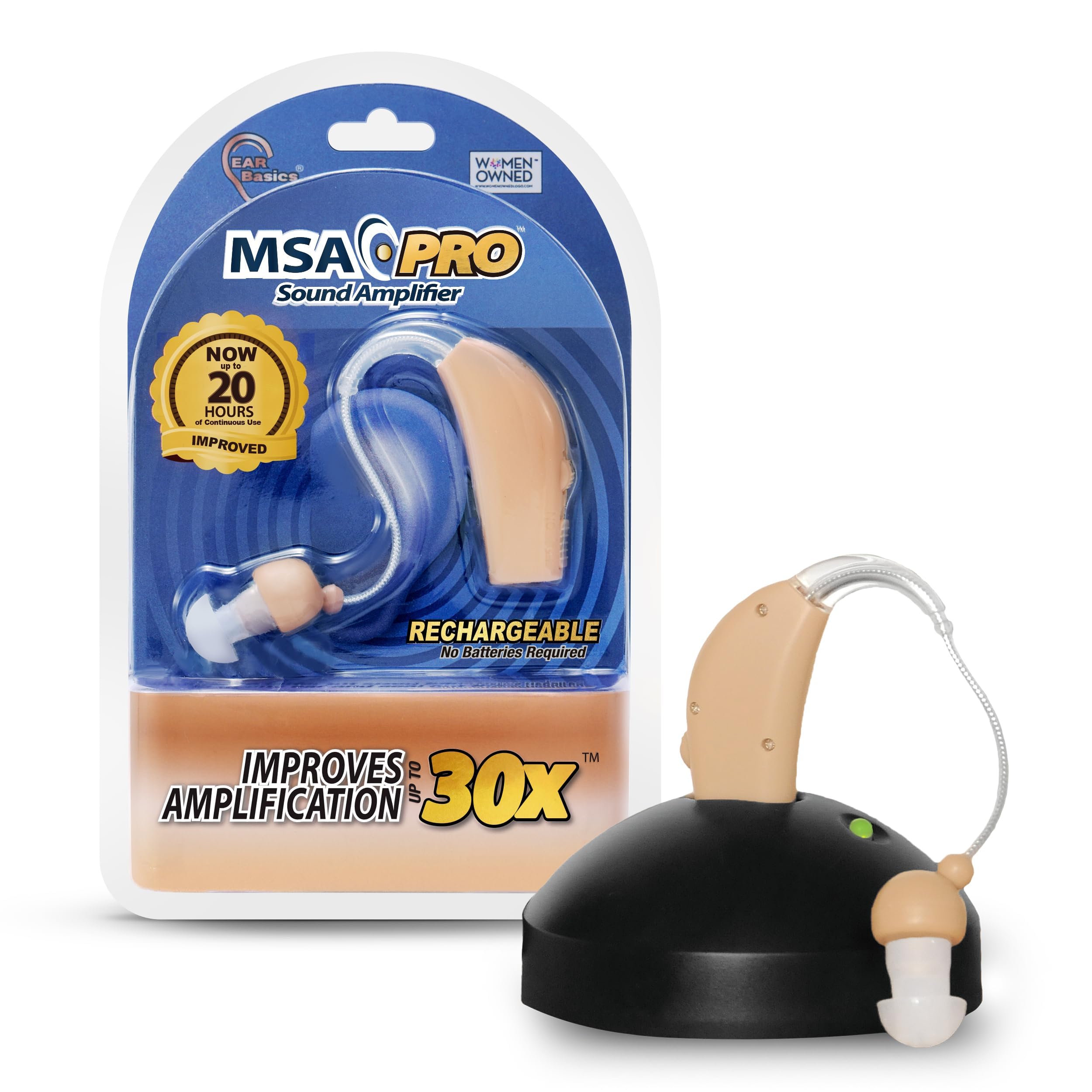 MSA PRO Sound Amplifier, Amplifies Sound by 30 Times, Up to 20 Hours Continuous Use, Lightweight, Nearly Invisible, Adjustable Volume, Fast Charging, Nude, 1ct