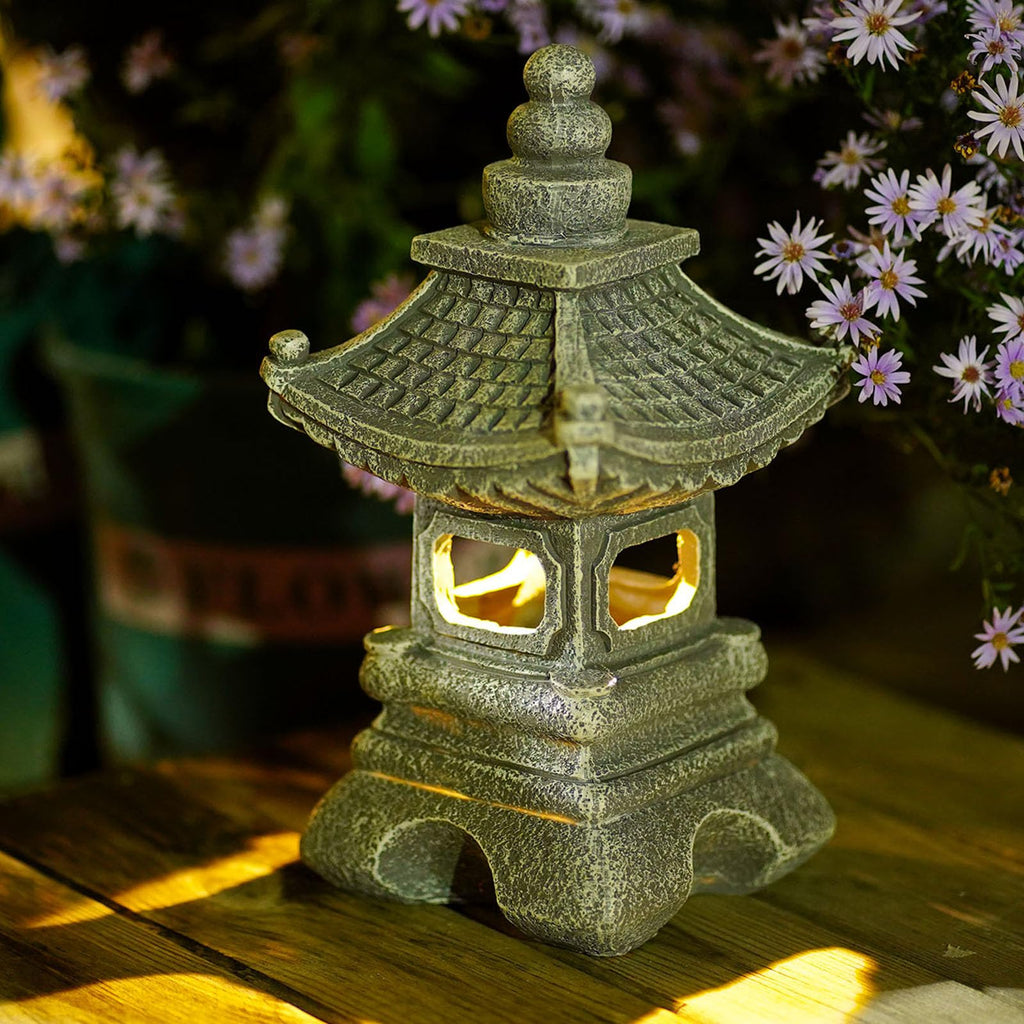 Solar Pagoda Lantern Garden Statue Japanese Zen Lantern Outdoor Decor with LED Light for Landscape Balcony Patio Porch Yard Art Ornament
