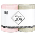 Fantasticlean Microfiber Cleaning Cloth Roll 2 Rolls 120 Pack, Tear Away Paperless Towels, 8" x 8", Reusable Washable Rags, House Kitchen, Pet, Office, Indoor Outdoor, Portable (Pink and Off-White)
