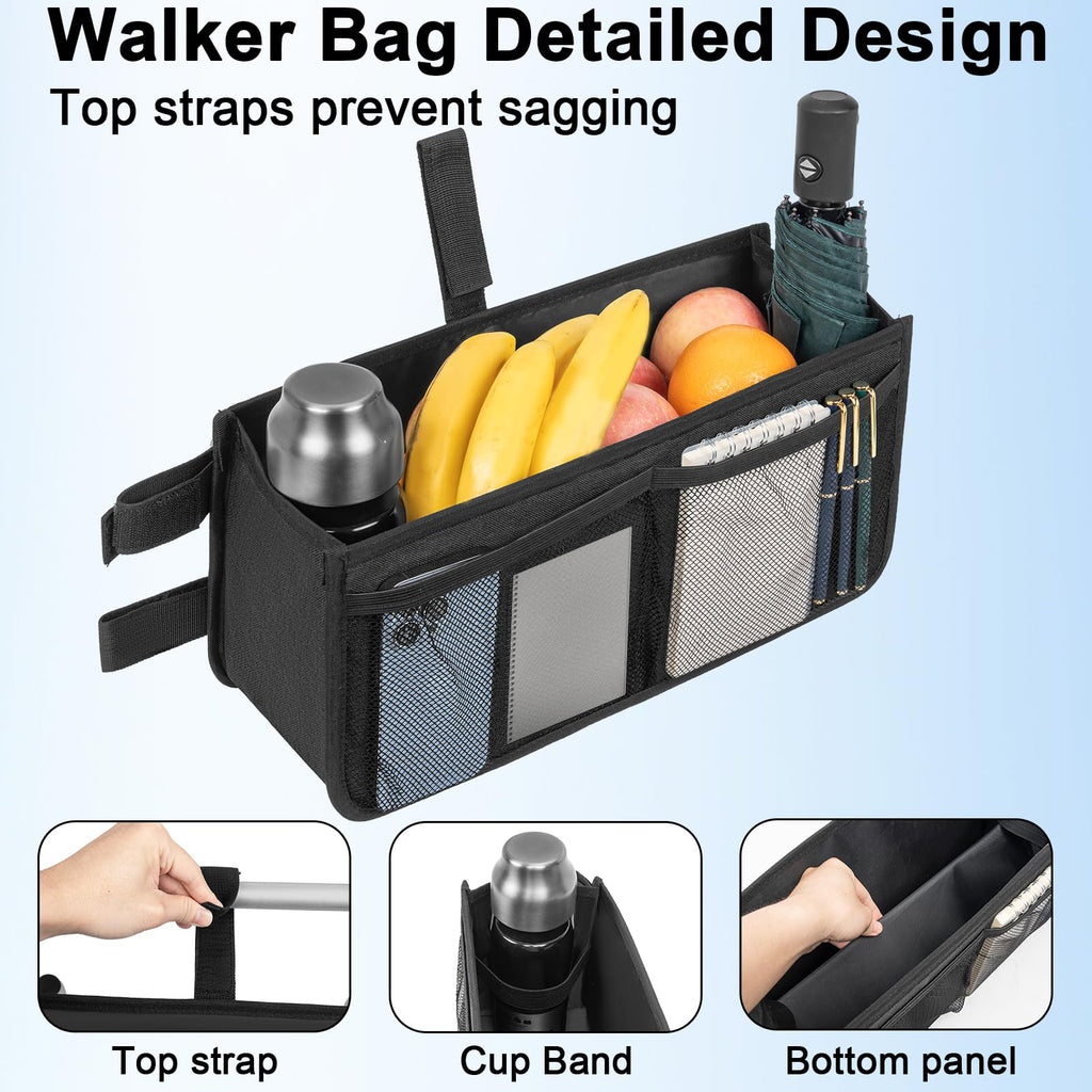 FREEAMG Walker Basket for Folding Walker, Large Capacity Foldable Walker Bag, Walker Storage Bag With Cup Holder, Detachable Walker Accessories Basket for Seniors (Black)