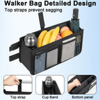 FREEAMG Walker Basket for Folding Walker, Large Capacity Foldable Walker Bag, Walker Storage Bag With Cup Holder, Detachable Walker Accessories Basket for Seniors (Black)