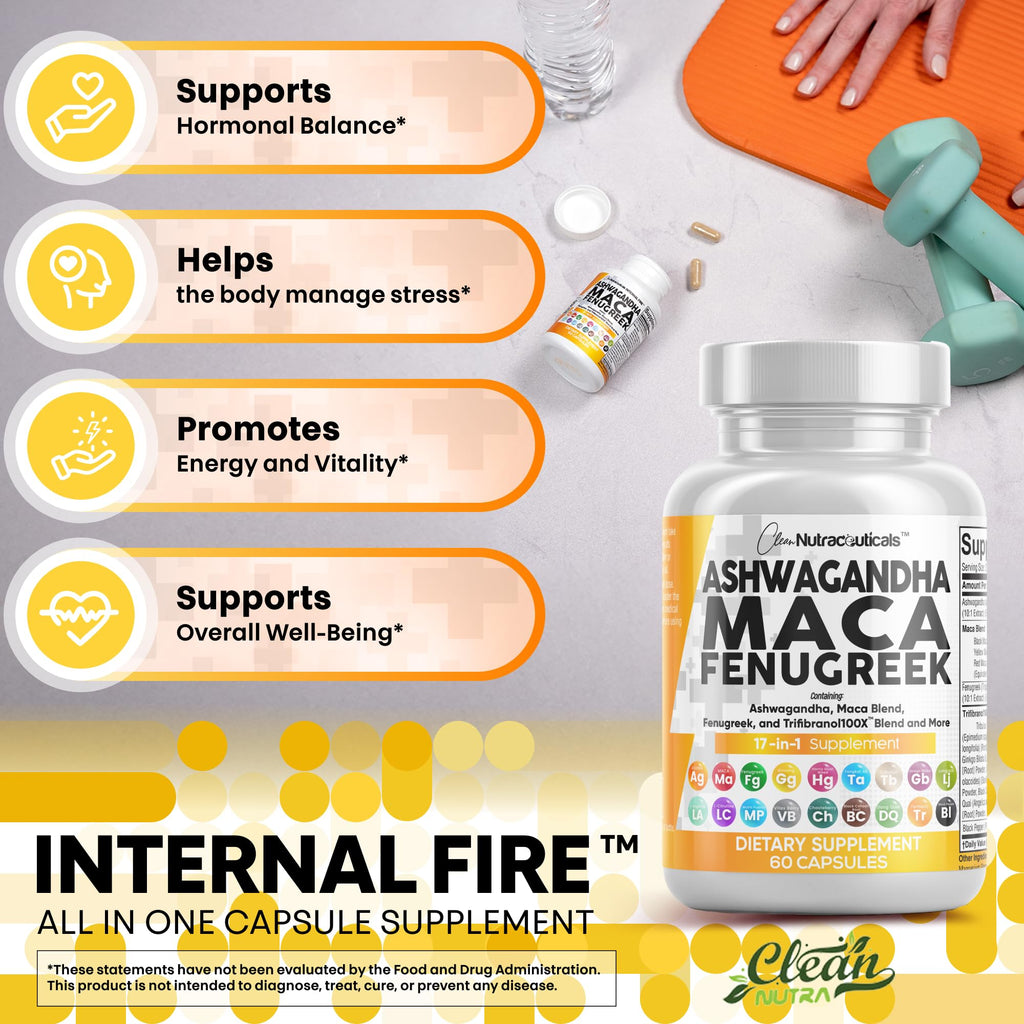 Clean Nutraceuticals Ashwagandha Maca Root Fenugreek Supplement with Tongkat Ali Ginseng - Assists with Stress, Mood & Thyroid - Ashwagandha Capsules Fenugreek Caps - 1 Pack