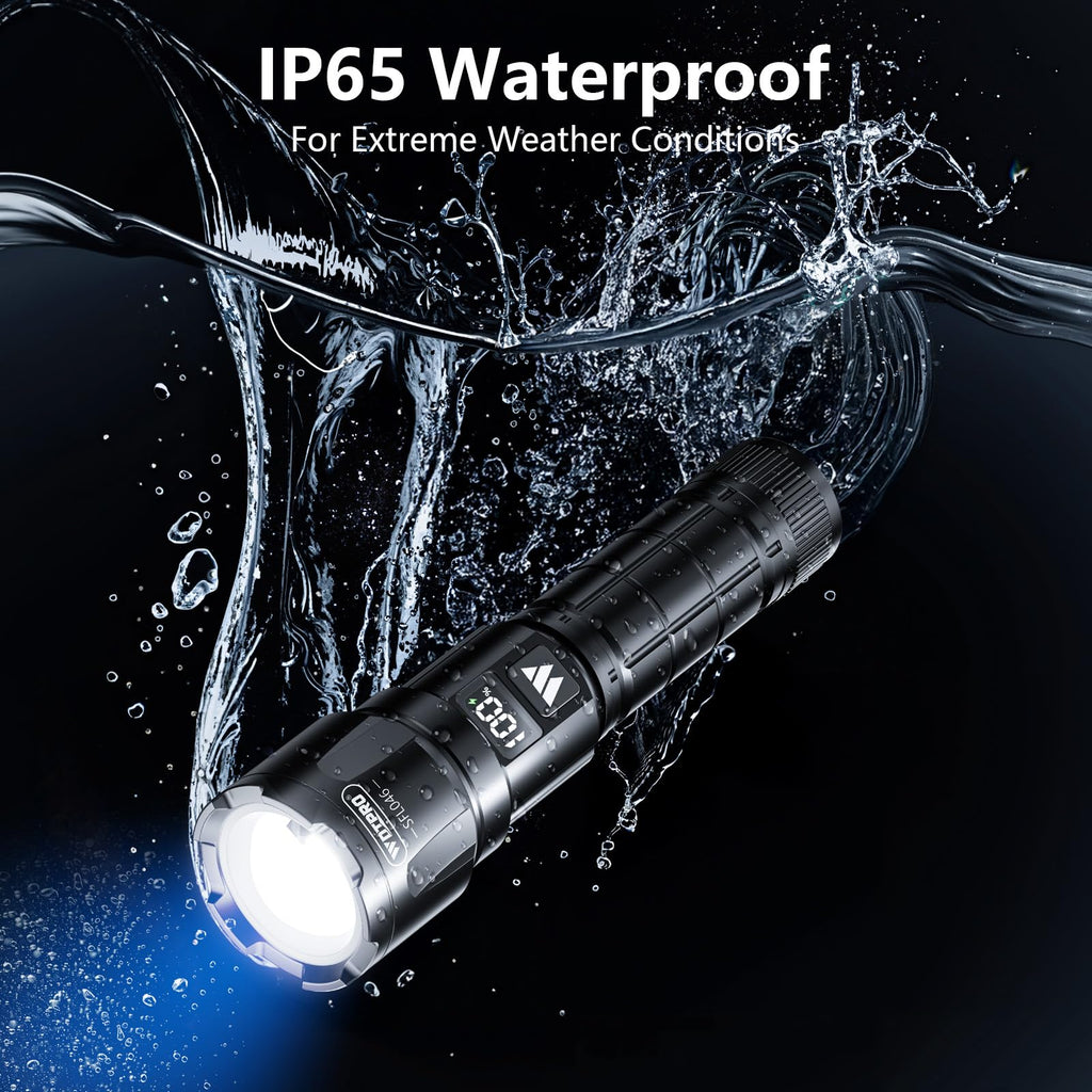WdtPro Rechargeable Flashlights 2 Pack, Super Bright LED High Lumens Tactical Flash Light with LCD Battery Display, Zoomable 3 Modes, Powerful Handheld Flashlights for Home Emergencies Camping Outdoor